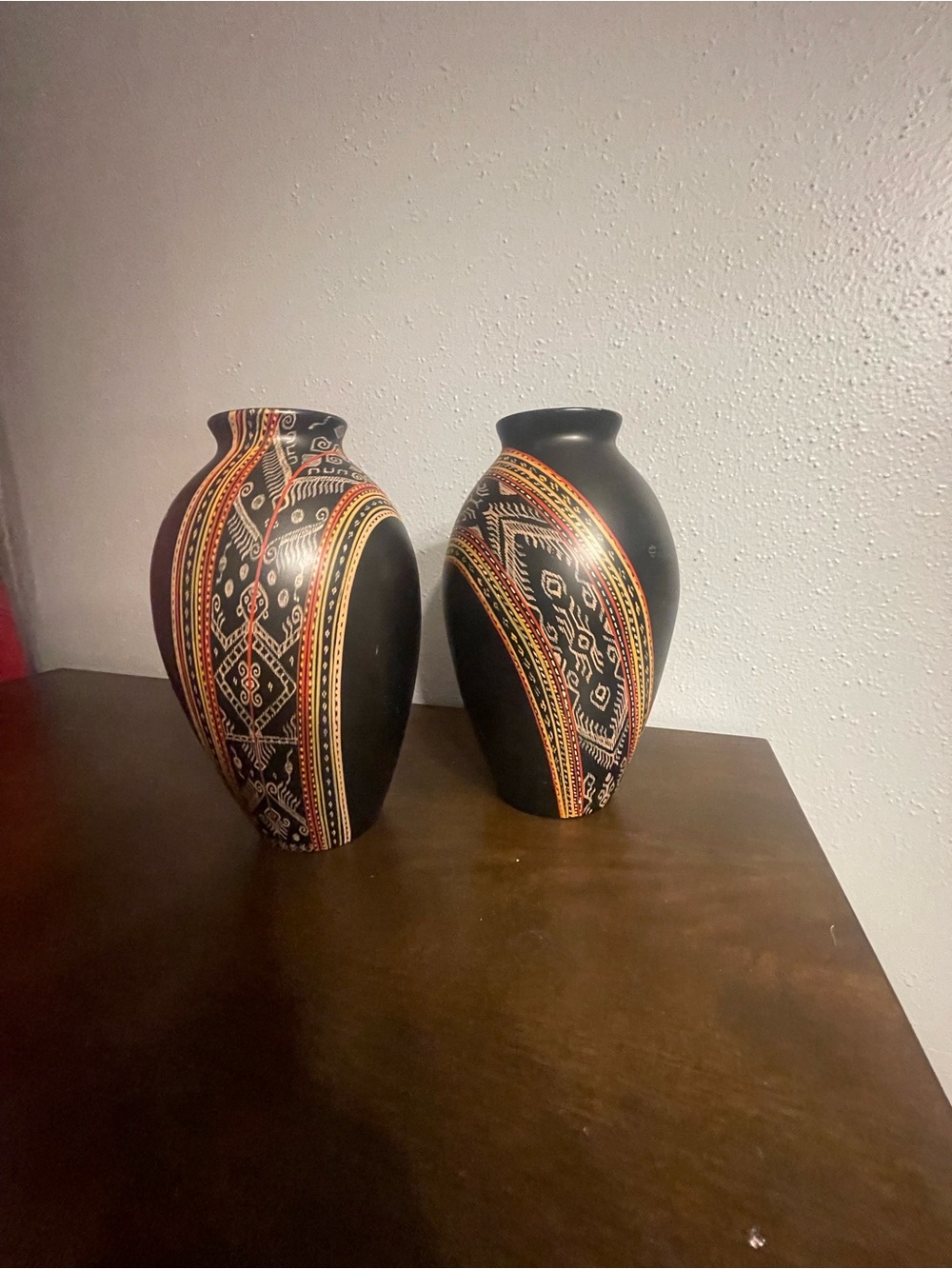 Decorative Black Ceramic Vase with Red and Gold Tribal Pattern - Unbranded